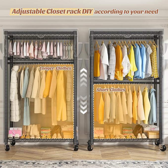 Raybee Clothes Rack with Cover, Rolling Portable Closet, 2 Rods & 2 shelves | Heavy Duty, Tool-free Assembly, Adjustable, Lockable Wheels, Freestanding, Covered, Zippered, Saving Space for Bedroom,Dorm