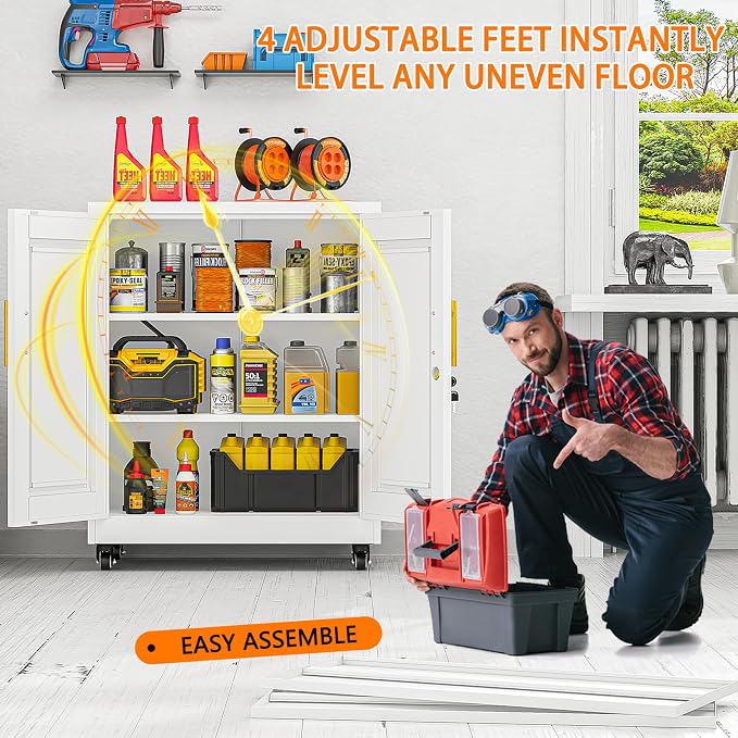 Small Metal Storage Cabinet with Wheels, Lockable Tool Cabinet with Doors | 2 Adjustable Shelves, Locking Doors, Magnetic Closure, Rolling Base, Compact 27.6-Inch Width, Cold-Rolled Steel