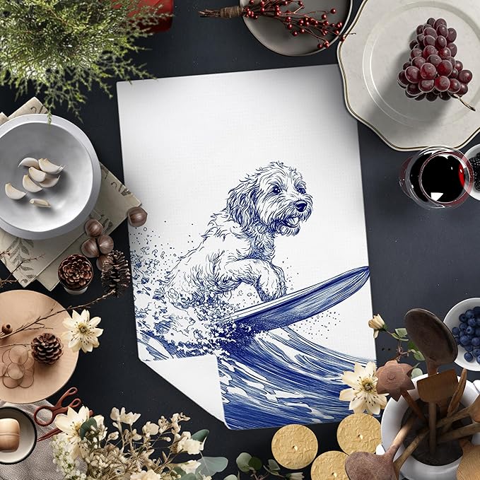 Funny Surfing Dog Kitchen Towels, Goldendoodle Gifts, Beach Hand Towels for Bathroom, Coastal Nautical Dish Tea Towels for Kitchen Decor, Dog Lover Gifts, Coastal Beach Bathroom Decor,16x24 Inch