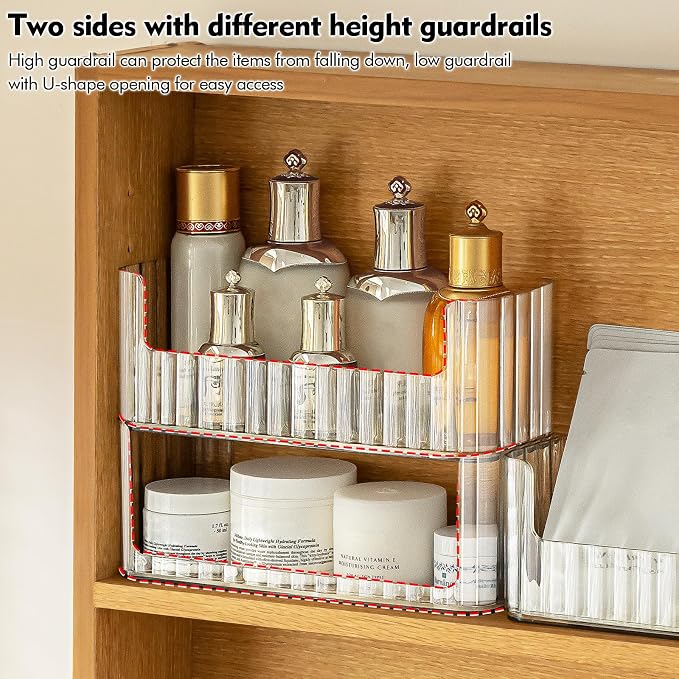 2 Pack Stackable Makeup Organizer Tray, Transparent Cosmetic Display Case with 2 Lipstick Cases and 2 Cotton Swab Pad Boxes, Medicine Cabinet Shelves Organizer