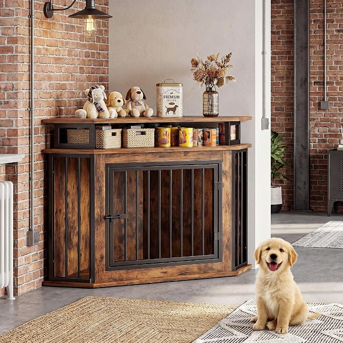IRONCK 43.3" Corner Dog Crate Furniture with 2-Tier Shelves Rustic Brown | 10mm thickened iron frame. 180 lb tabletop. 23.6"L x 43.3"W x 32"H. Space-Saving Indoor crate for small dogs