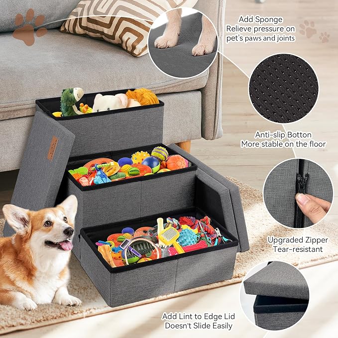 Zerbuger Dog Stairs with Storage, Dark Grey 3 Steps Dog Ramp no Condo | 18" H Wider Dog Steps for High Beds Couch, Folding Storage Pet Stairs Gift for Climbing Small/Medium/Large Old Dogs Cats