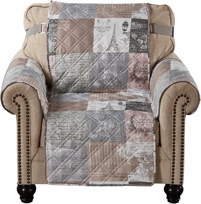 Brilliant Sunshine Latte Grey Paris & Toile Couch Armchair Cover, 23" seat | Quilted Sofa Cover, Living Room & Bedroom Furniture Protector, Washable Chair Slipcover for Pets, Dogs & Cats