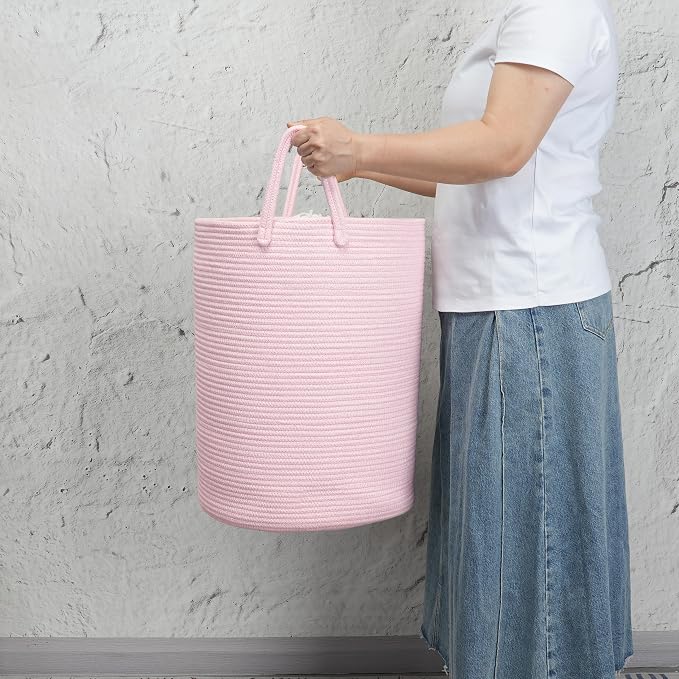 Woven Cotton Rope Laundry Basket, 15" x 20" Laundry Hamper, Pink | Rope storage basket for dirty clothes, toys and blankets. Perfect for bathroom, baby nursery and living room storage.