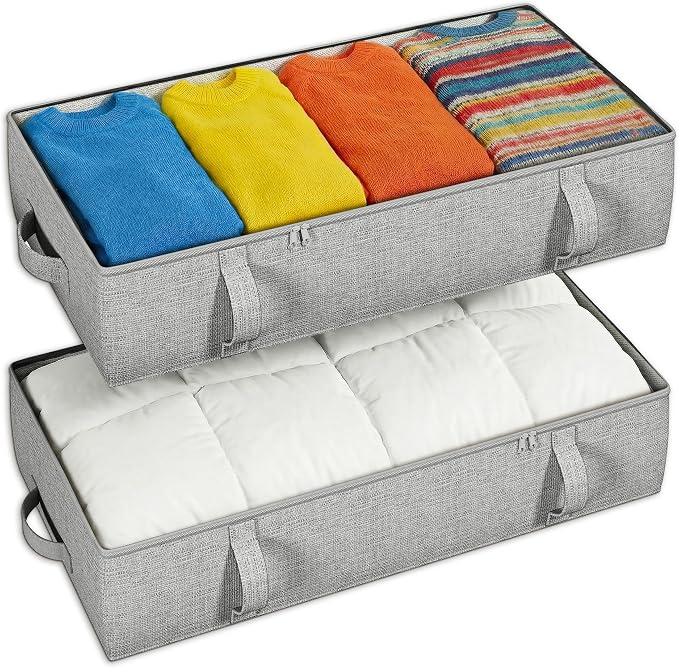 2-Pack Under Bed Storage Containers, 8 Inches Tall Clothes Storage, Gray | Large Capacity Collapsible Underbed Organizer with Sturdy Sidewalls/Bottom, Cotton Linen Bins, For Seasonal Clothes & Bedding