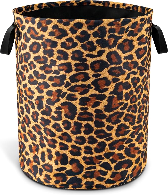 Brown Leopard Laundry Basket Foldable Waterproof Hamper 18.9 x 16.5 Inch | Oxford Cloth With Reinforced Handles Lining Design Large-Capacity Storage For Bathrooms/Laundry Rooms/ Living Rooms/Bedrooms