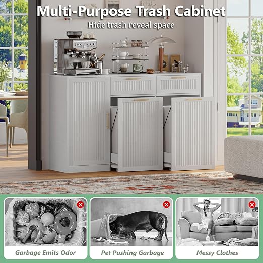 Double 13 Gallon Pull Out Trash Can Cabinet with Storage Cabinet,White | Pet Proof Hidden Garbage Can Cabinet,3-Tier Shelves,Fluted Design,Extra Drawer Space,Kitchen & Dining Room Organization