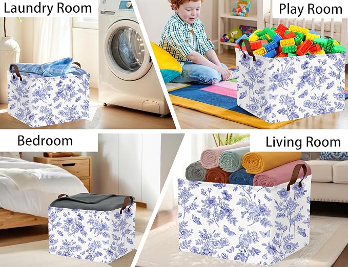 Large Blue Chinoiserie Willow Butterfly Decor Basket Collapsible Storage Bin (Floral)