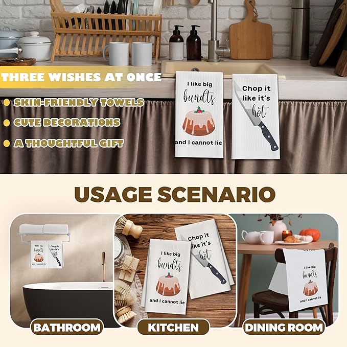 Kitchen Towels Set of 2, Bundts and Knife Dish Towel for Kitchen, Decorative Hand Towels for Bathroom, Fast Drying Tea Towel with Funny Sayings, Housewarming Xmas Gifts for Women Mom -B15
