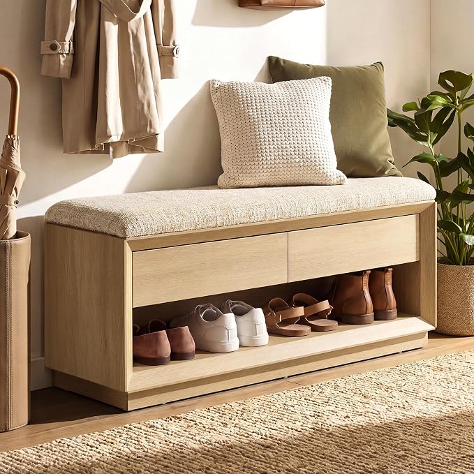 40" Wood Shoe Storage Bench, Modern Entryway Bench with Cushion | 2 Storage Drawers, Wooden Storage Bench for Bedroom End of Bed, Entryway, Mudroom, Closet, Living Room, Natural Wood