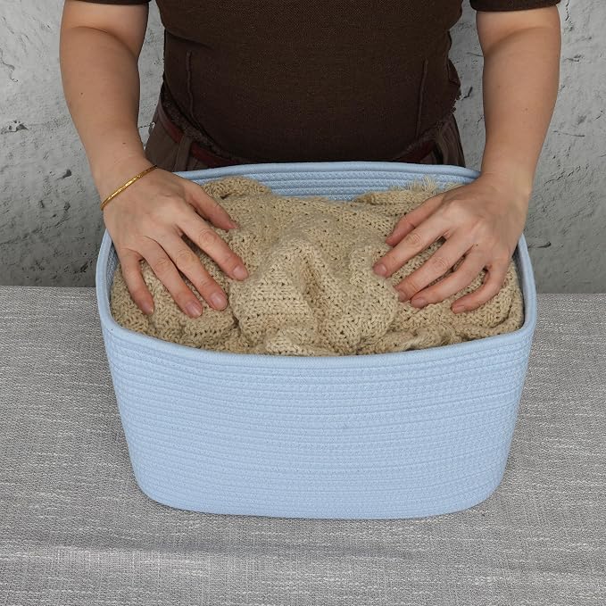 XUANGUO Woven Cotton Rope Storage Baskets 15x10x9.3" 3 Pack Light Blue | Decorative rectangular storage baskets for shelves and closets; storage bins organize clothes, toys, books and nursery items.