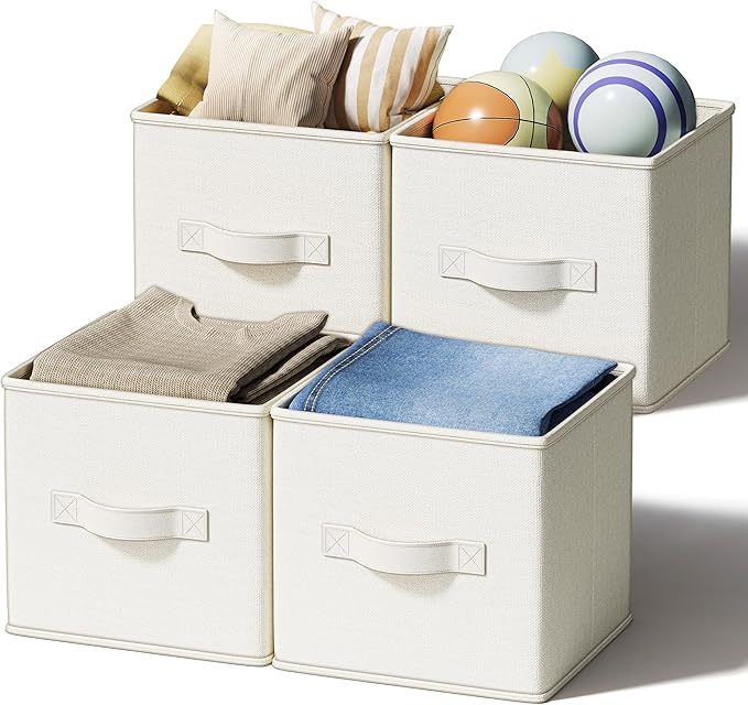 LayerSpace 4 Pack Foldable Fabric Closet Storage Bins, 11Inch Organizer Cubes with Handles, Linen Storage Boxes for Clothes, Toys, Books and Home Organization, White& Ivory | Thickened Rigid PP Panels, Cotton-linen Shelf Baskets, Measure 11"L x 11"W x ...