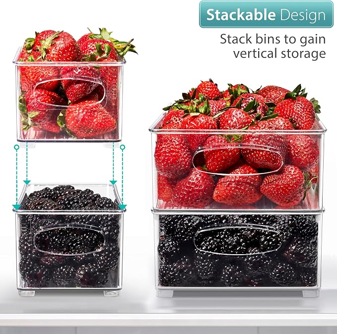 Sorbus Fridge Organizers and Storage, Clear Bins with Handles (4 Pack) | Built-in grips support easy access and transport; plastic containers organize food in freezers, drawers and countertops.