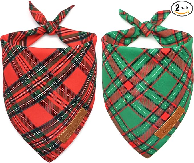 Realeaf Christmas Dog Bandanas 2 Pack, Reversible Red Green Plaid Dog Scarf, Xmas Pet Bandana, Premium Durable Fabric, Holiday Check Bandana for Large and Extra Large Dogs Pets (X-Large)