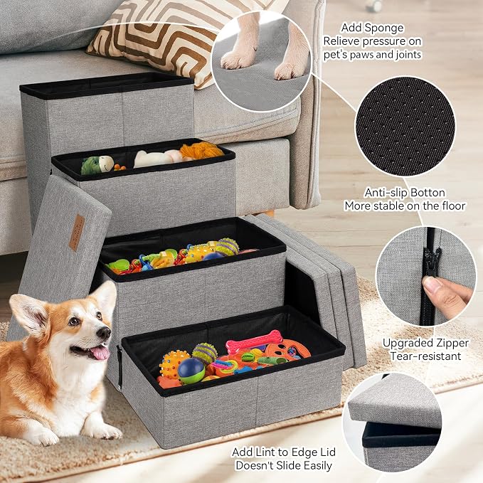 Zerbuger Dog Stairs with Storage, Grey 4 Steps Dog Ramp no Condo for Bed | 23" H Wider Dog Steps for High Beds Couch, Folding Storage Pet Stairs Gift for Climbing Small/Medium/Large Old Dogs Cats