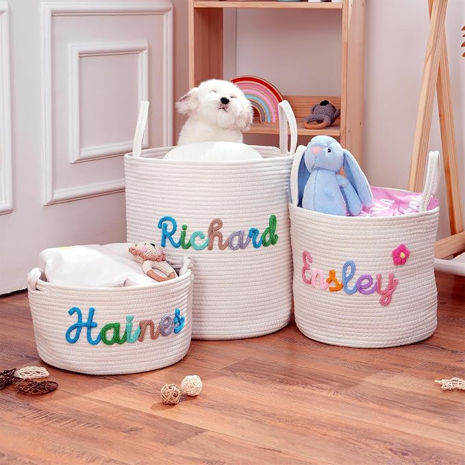 JUPPE Pet Dog Basket with Personalized Name, Dog Toys Storage Organizer Custom Cotton Rope Basket Nursery Decor (XL Basket)