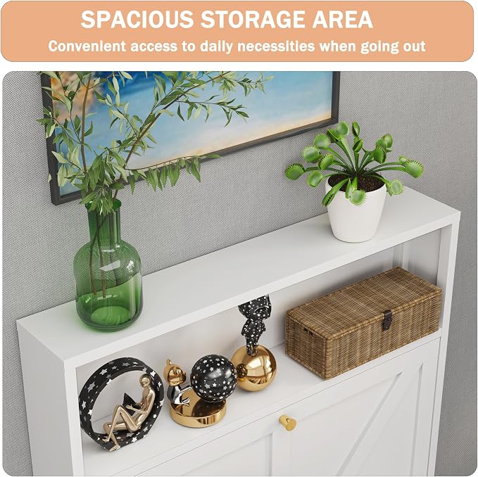 Shoe Cabinet with 2 Flip Drawers, Narrow Shoe Storage Cabinet, Farmhouse Shoe Organizer, Freestanding Organizer with Metal Legs for Entryway, Foyer (White, 2 Door)