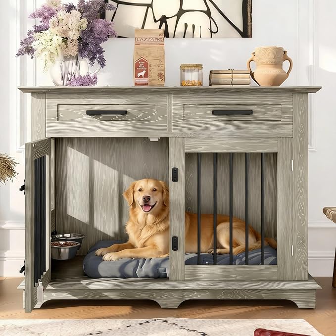 44.48" Large Dog Crate, 3-in-1 Wooden Dogs Crate End Table TV Stand Furniture with 2 Storage Drawers and Rotating Bowls, Decorative Pet House Dog Crates for Small/Medium Dogs, Gray