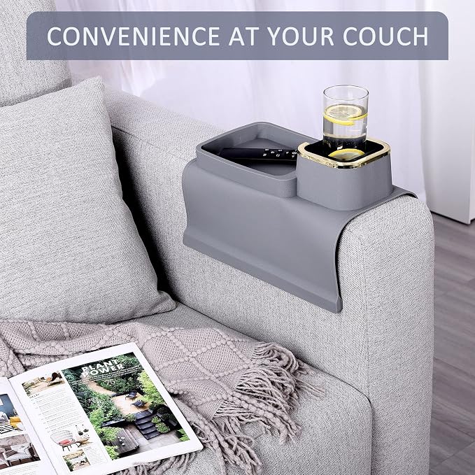 HMASYO Couch Cup Holder Tray – Weighted Silicone Sofa Armrest Organizer Table with Anti-Spill Coaster, Easy Reach for Drink, Snacks, Remote & Phone, Non-Slip Base, Easy Clean