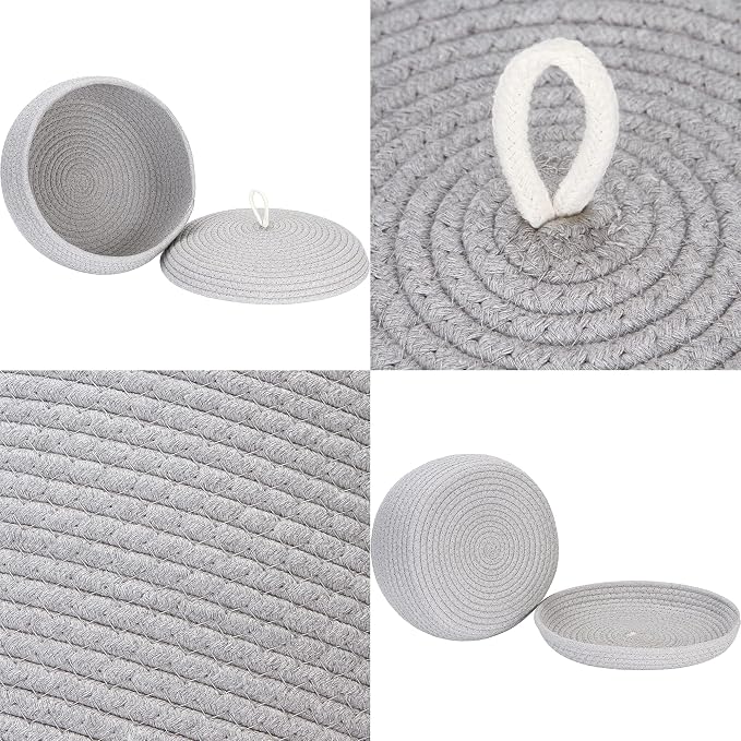 Sea Team Round Woven Cotton Rope Storage Basket with Lid, Gray | Lidded Knitted Decorative Storage Bin, Pot, Caddy, Organizer, Container for Snacks, Towels, Plants, 13 x 5.5 Inches