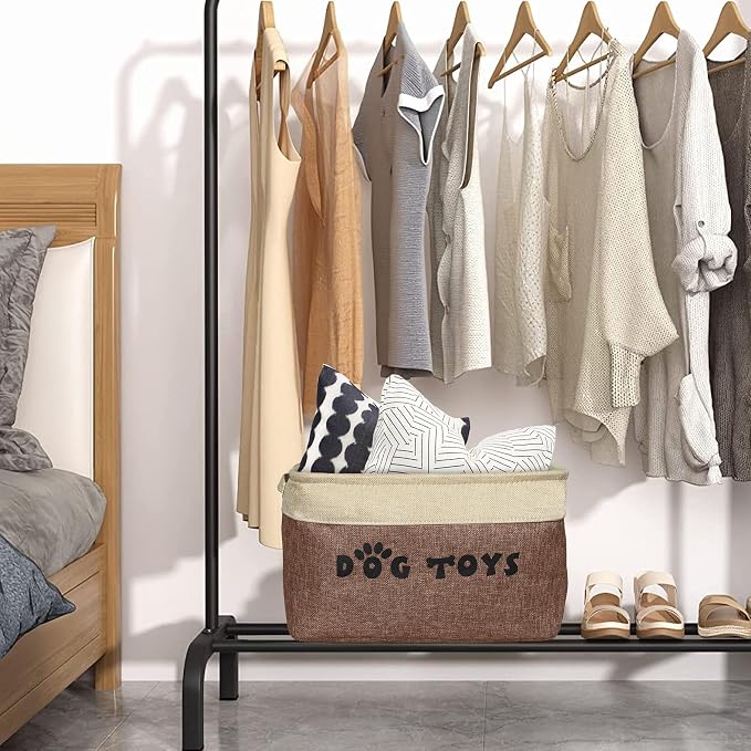 PET ARTIST Dog Toy Basket, Large Collapsible, Brown-1, M: 15"x11"x9" | Dog Toy Bin Box, Comfortable Handles, Large Pet Toy Storage Organizer, For Accessories, Toys, Coat & Clothing, Blanket Leash