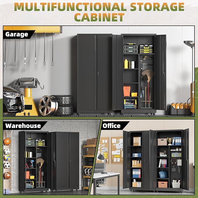 71''H Metal Garage Storage Cabinet, Broom Storage Cabinet with Lock | Tool Storage Cabinet, Steel Tool Cabinet with 2 Doors and Shelves for Garage, Warehouse, Assembly Required, Black