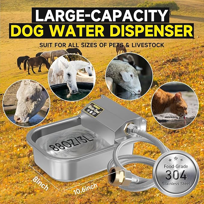 PETTEN 3L Automatic Dog Water Dispenser, Stainless Steel Self-Filling Water Bowl for Large Dogs & Outdoor Auto-Filling Fresh Water with 3/4" GHT Hose Connection