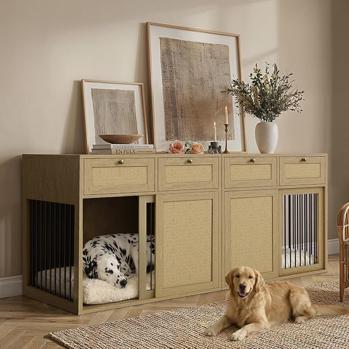 PureCozy 2-Piece Double Dog Crate Furniture, 80 Inch, Light Oak | Left and right kennels for 2 dogs with metal sliding doors, cane cabinets and 4 drawers; furniture-style indoor console.