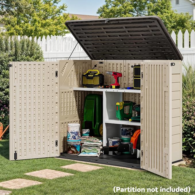 YITAHOME Outdoor Storage Shed w/o Shelf, 30 cu ft Horizontal Storage Shed Outdoor, Resin Waterproof Storage Cabinet for Garage, Poolside, Bikes, and Garden (Khaki + Black)