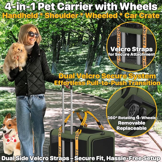 PAWZIDEA Expandable Large Pet Carrier with Wheels, 24x16x16 in Rolling Cat Carrier for 2–4 Cats up 55lb, Soft-Sided Collapsible Small Medium Dog Crate for Car Travel, Telescopic Handle, Storage Pocket