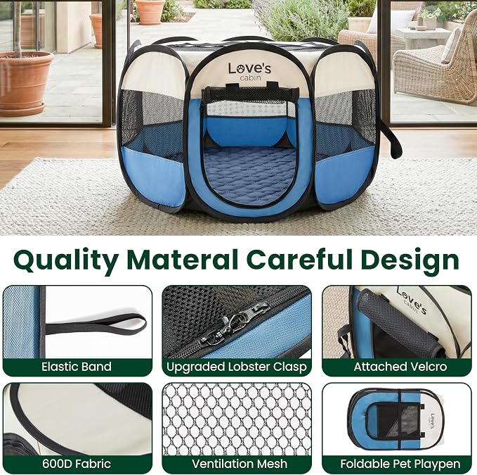 Love's cabin Dog Playpen with Washable Pee Pad, Puppy Pet Cat Playpen Small Dogs Tent Crate Indoor/Outdoor, Portable Pop Up Kennel with Carrying Case for Cats/Rabbits(Blue,Small with pad)