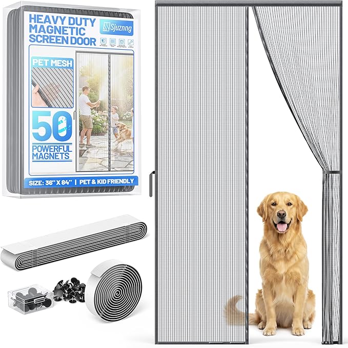 Heavy Duty Magnetic Screen Door Mesh, Door Net Screen with 50 Magnets | Pet & Kid Friendly, Auto-Sealing PET Fine Mesh Doors Screen Keep Bugs Out Fits Front Doors Size 34"x82" - Screen Size 36"x84"