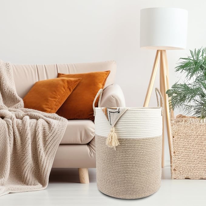 Woven Cotton Rope Laundry Basket, 15x20 Laundry Hamper, White/Brown | Rope storage basket for dirty clothes, toys and blankets. Perfect for bathroom, baby nursery and living room storage.