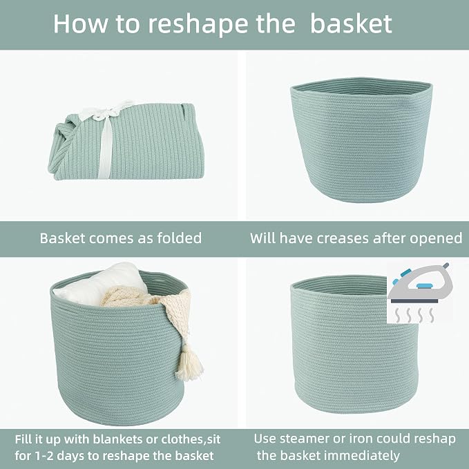 XUANGUO Cotton Rope Basket For Girls Boys Kids 16”X14” green | Baby Laundry Baskets, Blanket Basket, Nursery Bin; Round Woven Basket Organizer for Toy Storage, Blankets, Shoes and Clothes