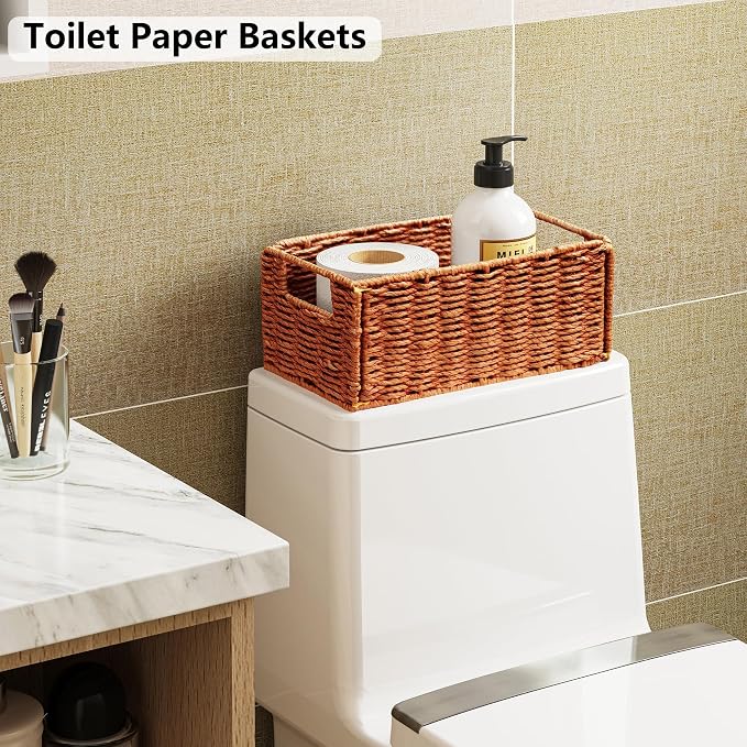 Vagusicc Wicker Storage Basket, Set of 2 Hand-Woven Paper Rope Wicker Basket, Small Storage Baskets for Organizing Toilet Paper, Foldable Small Cube Organizer Bins for Shelves (Orange)