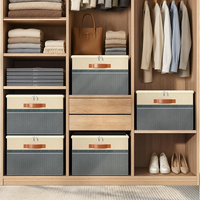 Shoe Organizer for Closet, 2 Pack Foldable Shoe Storage Organizer Box Bin with Adjustable Dividers and Clear Cover, Fits up to 16-32 Pairs（Grey&Beige）