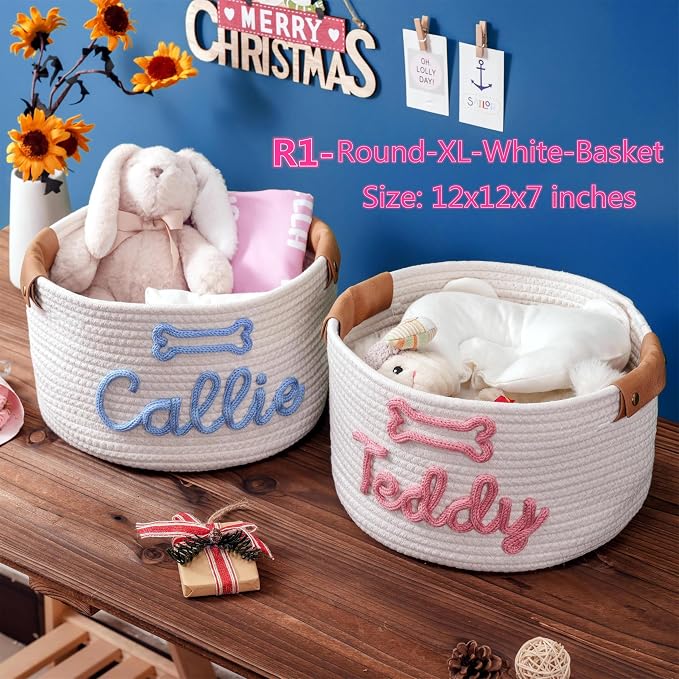 JUPPE Pet Dog Basket with Personalized Name, Dog Toys Storage Organizer Custom Cotton Rope Basket Nursery Decor (Dog Toy Basket)