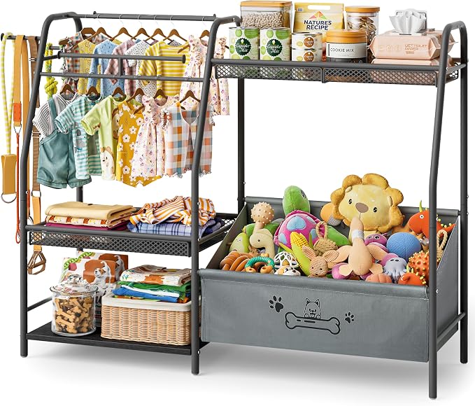 Lomivra Large Dog Toy Basket with Dog Storage Organizer, Trapezoid Toy Bin Box with Collar Leash Holder Hook, Dogs Toy Holder Chest Pet Storage Cabinet for Living Room Dogs Essentials
