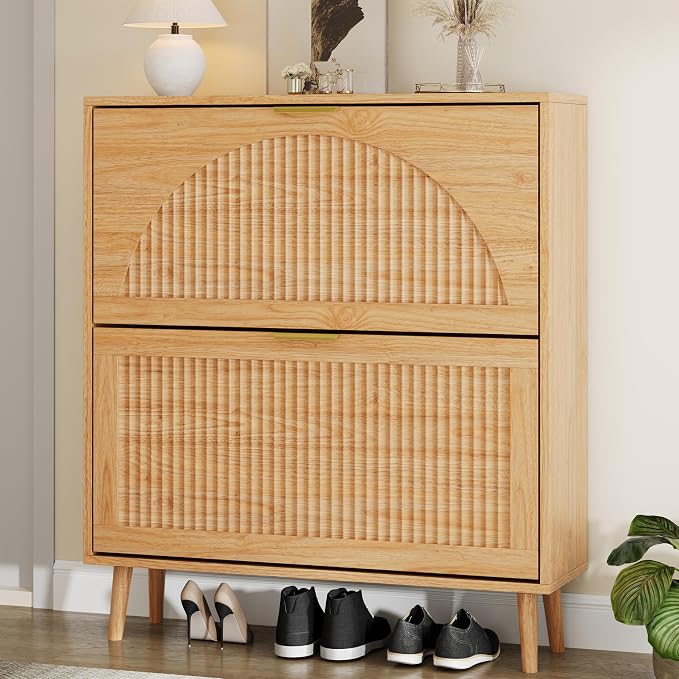 Shoe Storage Cabinet with 2 Flip Drawers, Narrow Wood Shoe Organizer Cabinet with Fluted Panel, Slim Shoe Rack for Entryway, Freestanding Shoe Cabinet for Living Room, Hallway, Wood Color