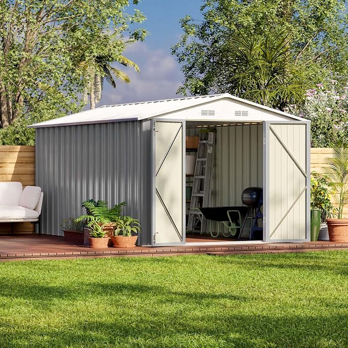 Patiowell 8 x 12 FT Outdoor Storage Shed, Metal Storage Shed, Gray | Steel Shed Storage House with Design of Lockable Doors, Utility and Tool Storage for Garden, Patio, Backyard, Outside use
