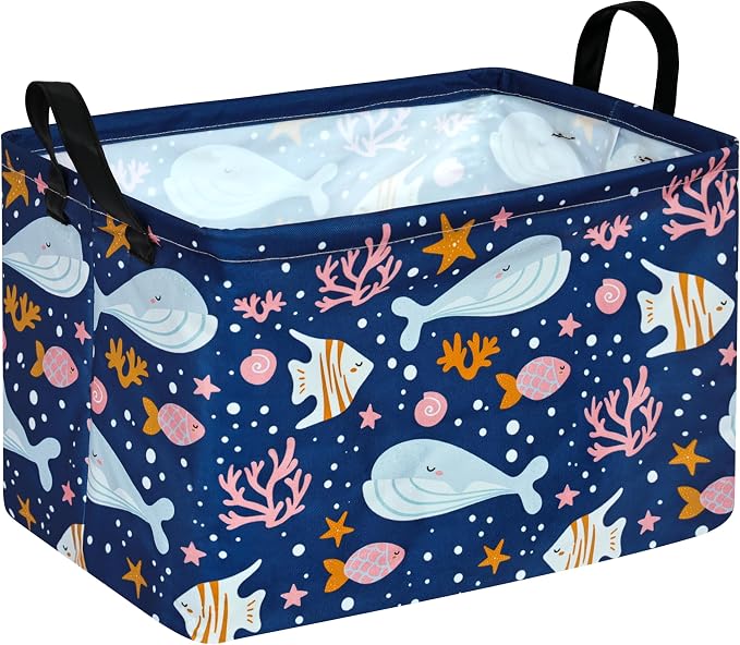 Rectangle Gift Storage Basket Home Shelf Storage Basket Organizer Box Clothes Laundry Hamper Nursery Basket Laundry Basket with Handles (Whale)