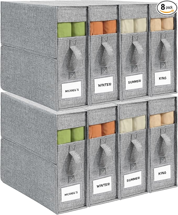 Sheet Organizers and Storage for Linen Closet, 8Pack Grey | 1200D Linen-Type Cloth, Fits King and Queen Sheet Sets, Clear Window and Label Slot, Foldable Dustproof Storage with Handle