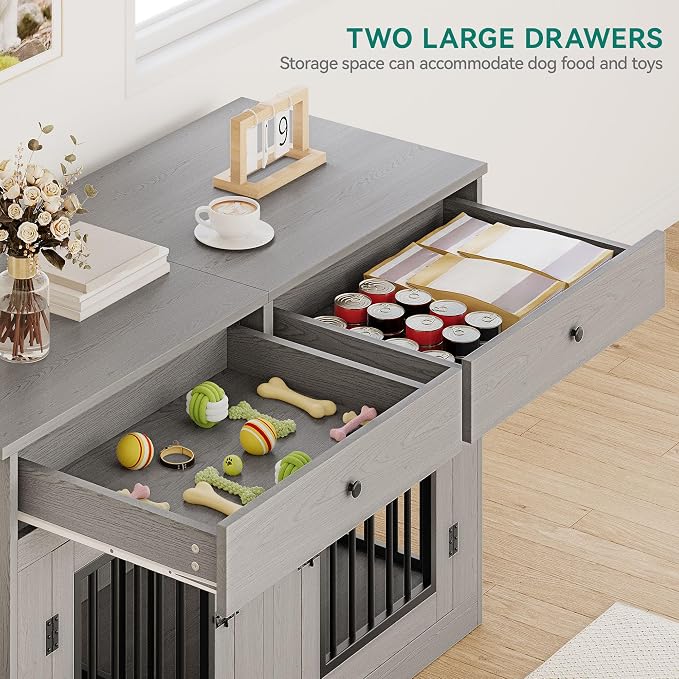 YITAHOME 60" Dog Crate Furniture with Removable Divider & Storage Drawers | Double Door Kennel with Locks for Medium and Large Dogs, Multi-Functional Dog Crate End Table, Grey