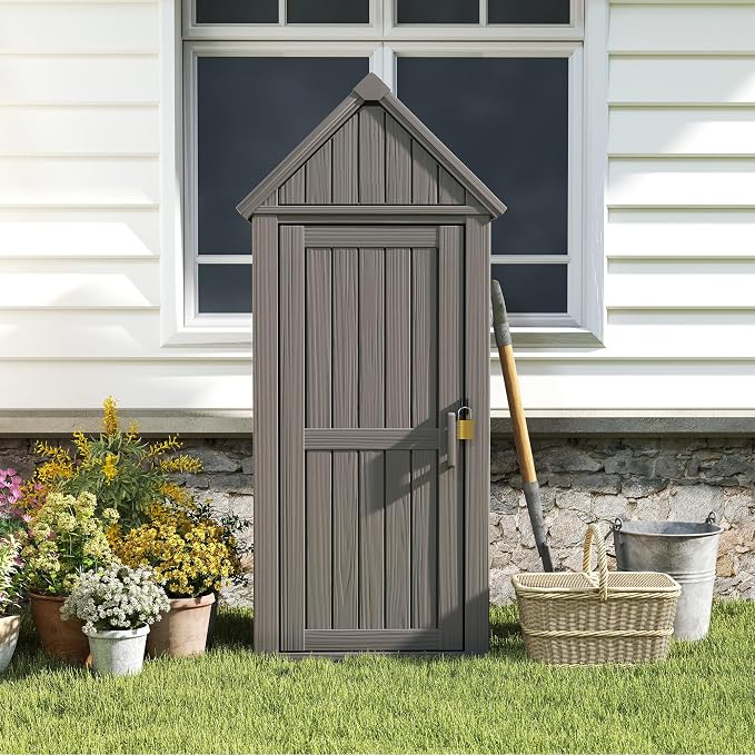 Outdoor Storage Cabinet, Lockable Vertical Resin Storage Shed, Gray