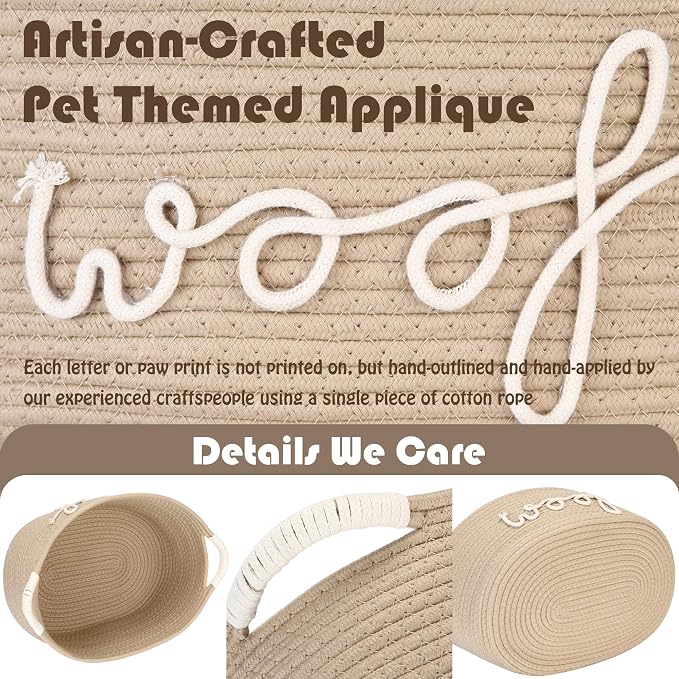 Sea Team Dog Toy Storage Basket with Handles, Beige Woof | Large Cotton Rope Storage Bin, Shelf Basket, Organizer for Pet Chew Toys, Foods, 16.5 x 11 x 7 Inches, 4.4 Gallons