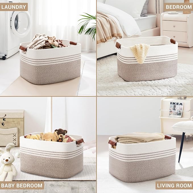 86L Large Woven Laundry Basket Hamper with Leather Handles,Brown | collapsible wicker hamper, storage for dirty clothes, toys, blankets, gifts, living room, bedroom, bathroom, 24"x16"x14"