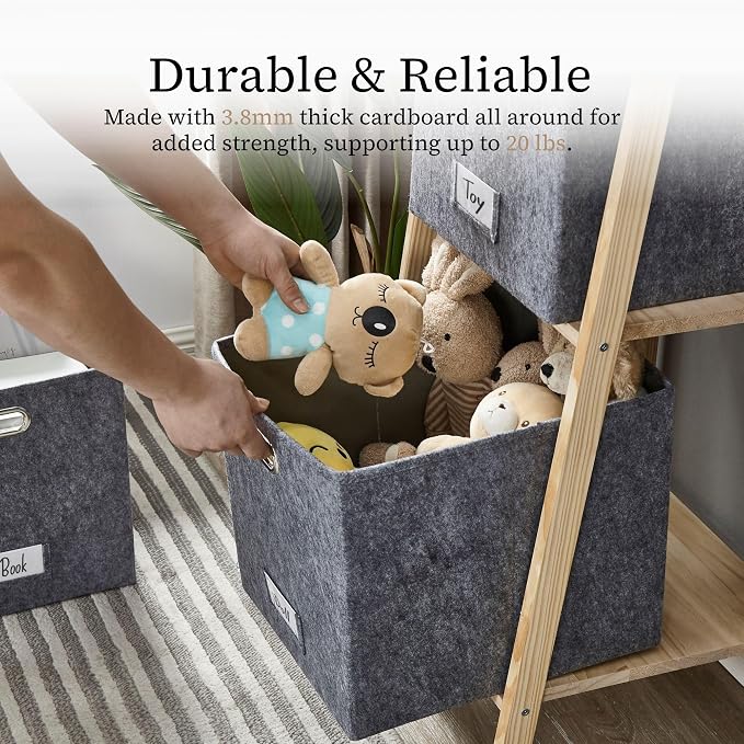 DECOMOMO Felt Storage Bins, 11 inch Cube Storage Bin with Labels | 6 Pack Storage Baskets for Shelves, Kallax (Dark Grey)