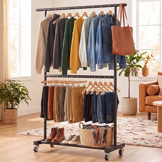 Sywhitta Double Rod Metal Clothing Garment Rack on Wheels, Black | Rolling Clothes Organizer, for Hanging Clothes,Coats,Easy to Assemble,Space-Saving,Mobile Organizer for Closet