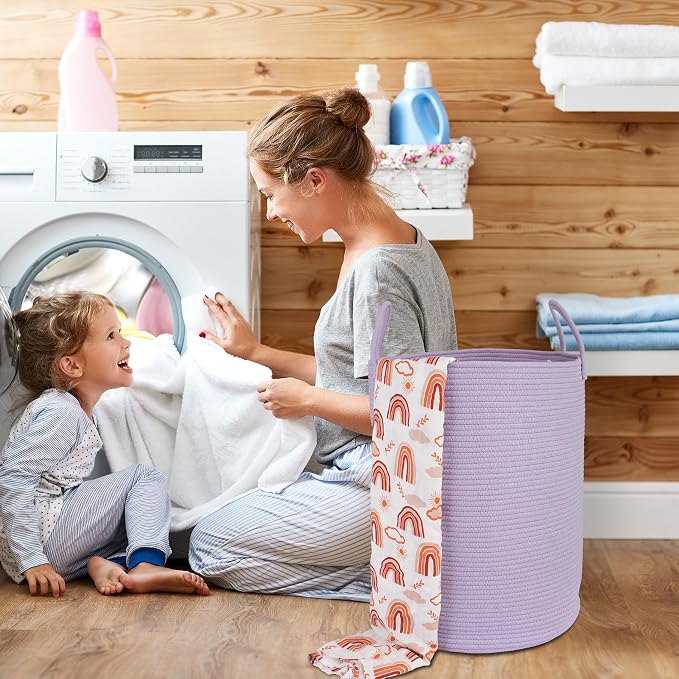 XUANGUO Rope Laundry Basket Hamper for Clothes Large Purple Lavender | Baby Nursery Hamper Bin and Woven Storage Basket for Living Room Bedroom Boho Tall Rope Baskets Blankets Toys Pillows Towels
