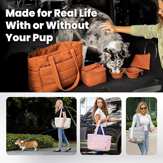 Puffer Dog Travel Bag for Dog Moms, Diaper Bag with Travel Bowls | 2 BPA-Free Collapsible Bowls, 2 Pet Food Containers, 9 Pockets, Everyday Puffer Bag Works With or Without Your Dog, Grey